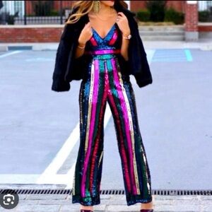 Express Women's Multicolor Sequin Jumpsuit size XS Party Wide Leg